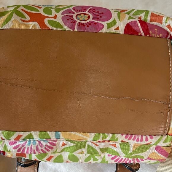 Lily Bloom multi color pastel fabric crossbody bag with tan faux leather trims - Picture 15 of 15